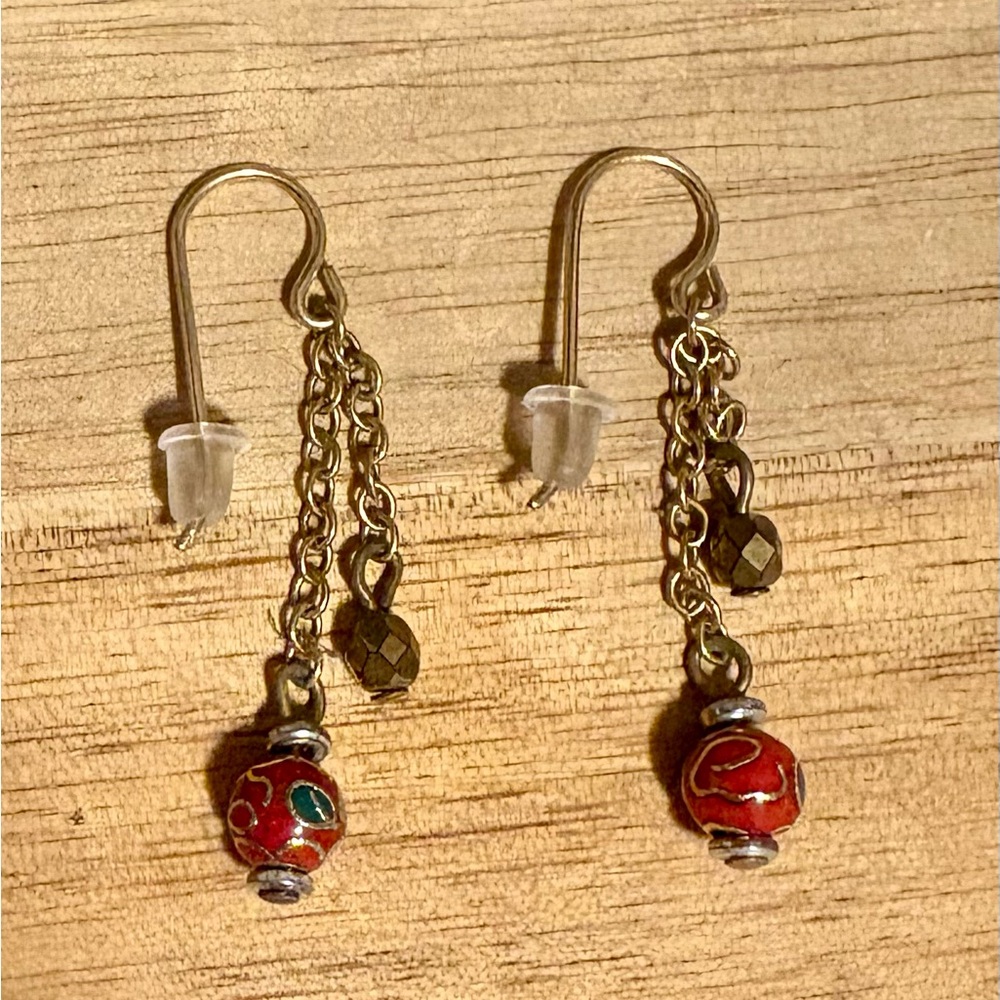 Vintage Gold Tone Red Beaded Dangle Drop Statement Earrings